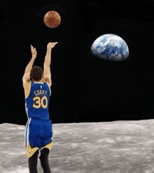 a man in a curry 30 jersey throws a basketball towards the earth