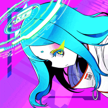 a drawing of a girl with blue hair and a circle around her head that says ktm