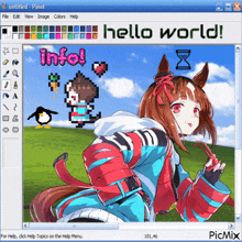 a computer screen with a picture of a girl and the words hello world on the top