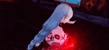 a woman with long blue hair is standing in a dark room with red lights behind her