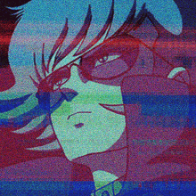 a close up of a person 's face with glasses and a blue and red background