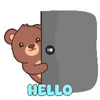 a brown teddy bear peeking out from behind a door that says hello on it