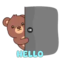a brown teddy bear peeking out from behind a door that says hello on it