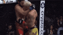two men are fighting in a boxing ring with a sign that says crypto on it