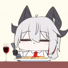 a cartoon character is eating spaghetti with a fork and a glass of red wine