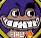 a pixel art of a monkey 's face with the words `` fire '' written on it .