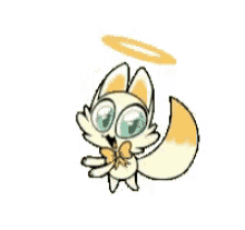 a cartoon cat with a halo around its head is flying in the air .