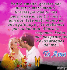 a picture of a man and woman kissing with the words padre amado gracias por nuestro matrimonio at the bottom