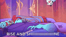 a cartoon character is laying on a bed with a purple blanket .