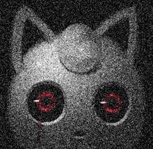 a black and white image of a cat with red eyes and blood coming out of its nose .