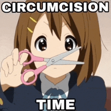 a girl is holding a pair of scissors in front of her mouth with the words circumcision time written below her