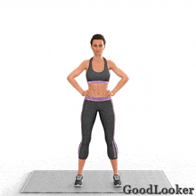 a woman is doing exercises on a yoga mat with goodlooker written on the bottom
