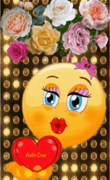 an animated smiley face with a red heart and roses behind it