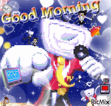a pixel art greeting card that says good morning on it