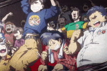 a group of people with one wearing a shirt that says b.