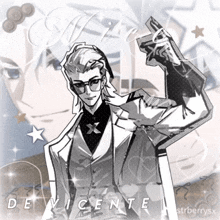 a black and white drawing of a man with the name de vicente on the bottom