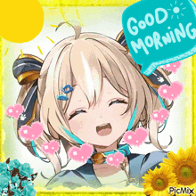 a picture of a girl with flowers and the words good morning