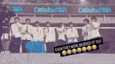 a group of boys are standing in front of a sign that says debut 's plan