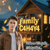 a young man is standing in front of a wooden house with the words family c4h4y4 written on it .