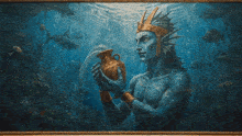 a painting of a sea king holding a vase of water with sharks in the background