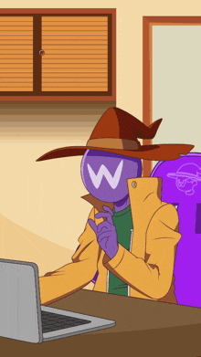 a cartoon of a person with a w on their face sitting in front of a laptop