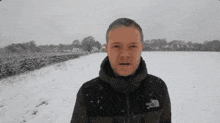 a man wearing a black north face jacket stands in the snow