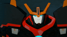 a cartoon character with blue eyes and a red and black costume