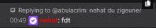 a black screen with a reply to @abulacrim at 00:49