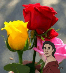a drawing of a woman holding a bunch of flowers with the letters bd below her