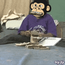 a monkey with money in its mouth is sitting on a bed next to a pile of money
