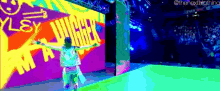 a pixelated image of a person standing in front of a sign that says ' wicker ' on it