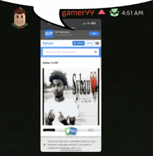 a phone screen shows a picture of a young man and says gamer99 at the top