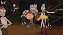 a group of cartoon characters including rick and morty are standing in front of a sign that reads [ as ]