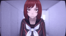 a girl with red hair and a white bow tie is standing in a room