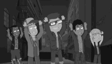 a group of cartoon characters are standing next to each other in an alleyway .