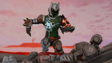 a video game character is standing next to a robot with the letter a on it