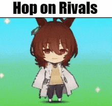 a cartoon of a girl with horns and the words `` hop on rivals '' .