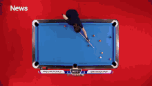 a woman holds a pool cue in front of a tv screen that says inews