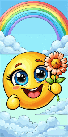 a cartoon smiley face is holding a flower in front of a rainbow