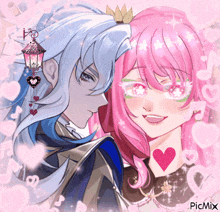 a picture of a girl with pink hair and a boy with blue hair with hearts around them and the word picmix on the bottom