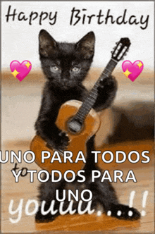 a black kitten is holding a guitar in a birthday card