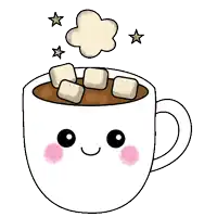 a cartoon drawing of a cup of hot chocolate with marshmallows and stars