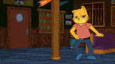 a cartoon cat stands in a room with a sign that says squis