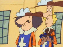 two cartoon characters are standing next to each other and one has a star on his chest