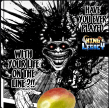 a king legacy poster with a monster and a mango in the foreground
