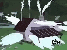 a cartoon drawing of a house with cn written on the bottom