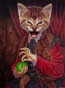 a painting of a cat wearing a red vest and holding an apple
