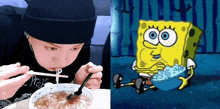 a person eating noodles next to a picture of spongebob
