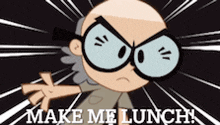 a cartoon character with glasses and the words make me lunch below him