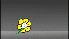 a cartoon drawing of a yellow flower with a white face and green tentacles